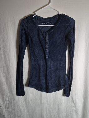 Aeropostale Women's Dark Blue Ribbed Henley Long Sleeve Top